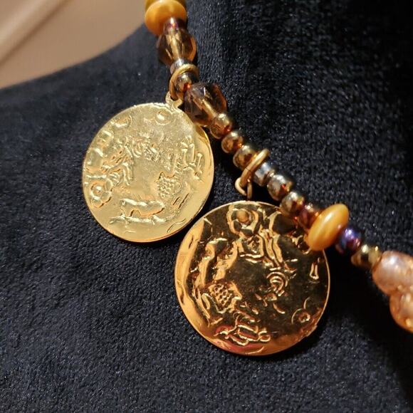 Gold Plating Coin and Round Beaded Stylish Necklace Lobster Clasp - Picture 5 of 7